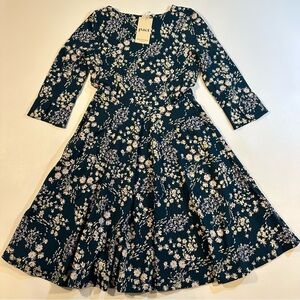 NWT Pact Blue-Green Floral Organic Cotton Tulip Sleeve Open Pack Fit Flare Dress